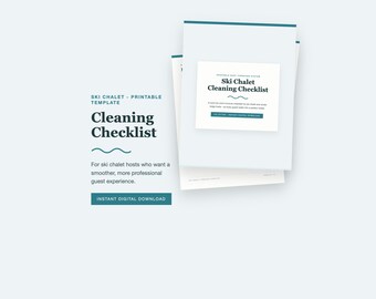 Lista de verificación de limpieza para chalets de esquí, lista de verificación imprimible para la rotación de alquileres vacacionales, guía de limpieza para anfitriones y lista de reposición en PDF, estilo costero.