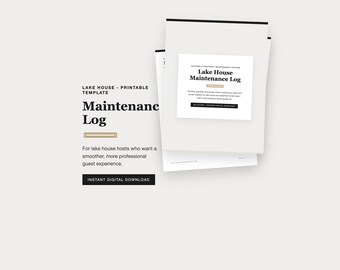 Carpeta de mantenimiento de propiedades para casas de lago en formato PDF, listas de verificación de cuidado del hogar y registro de reparaciones imprimibles para anfitriones de alquileres, estilo negro de lujo.