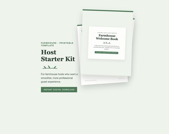 Paquete de inicio para nuevos anfitriones, libro de bienvenida estilo casa de campo y lista de limpieza en PDF, plantillas imprimibles para alquileres vacacionales, estilo botánico verde.