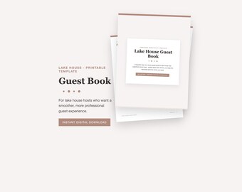 Libro de visitas imprimible para casa de lago, plantilla de registro para alquileres a corto plazo, páginas para comentarios y recuerdos de los huéspedes en formato PDF, estilo minimalista y suave.