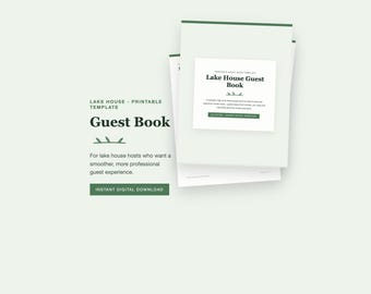 Libro de visitas imprimible para casa de lago, plantilla de registro para alquileres a corto plazo, páginas para comentarios y recuerdos de los huéspedes en formato PDF, estilo botánico verde.