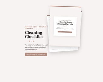 Plantilla de lista de verificación para la preparación de una casa histórica, programa de limpieza de alquiler imprimible, PDF para reabastecimiento y recorrido del anfitrión, estilo minimalista suave.