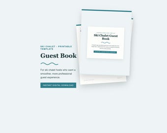 Libro de visitas para chalets de esquí en formato PDF, páginas imprimibles para anfitriones de alquileres vacacionales, plantilla de registro con indicaciones, estilo costero.