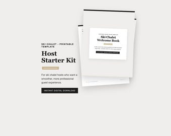 Kit de plantillas para anfitriones de alquiler de chalets de esquí, libro de bienvenida imprimible y lista de verificación de limpieza, descarga digital en PDF, estilo negro de lujo.