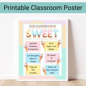 Può includere: Un poster rettangolare per l'aula con il testo "OUR CLASSROOM IS SWEET" in un carattere a forma di cono gelato. Include sei riquadri color pastello con frasi come "Sprinkle Kindness Everywhere" e "Be A Super Cool Helper" insieme a illustrazioni di coni gelato.
