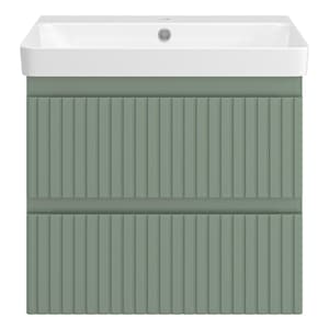 May include: A sage green bathroom vanity featuring a white ceramic sink basin with a central overflow drain. The cabinet body displays a vertical fluted texture across two horizontal drawer fronts, providing a clean and structured appearance.