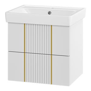 Può includere: Un mobile lavabo da bagno bianco con un lavabo in ceramica rettangolare dotato di foro centrale per il rubinetto e troppopieno. La parte anteriore presenta due cassetti sovrapposti con un pannello centrale verticale a listelli bianchi e oro.
