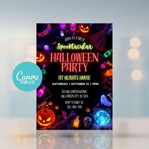 Puede incluir: Una plantilla de invitación para fiesta de Halloween con fondo negro y gráficos de neón de calabazas, una calavera, un fantasma, frascos de pociones y una escoba. El texto dice: JOIN US FOR A Spooktacular HALLOWEEN PARTY AT OLIVIA'S HOUSE SATURDAY / OCTOBER 31 / 5PM 123 HALLOWEEN AVENUE, HALLOWEEN CITY, HC 1234 RSVP TO EMILY AT 123-456-789.