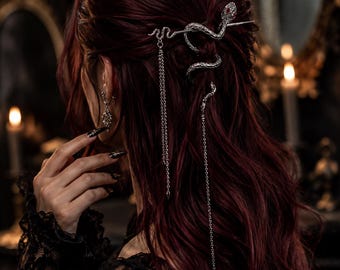 Gothic-Schlangenhaarspange, silberner Schlangenhaarstab, Haaraccessoire im Dark-Academia-Stil, Hexenhaarspange, Gothic-Haarschmuck-Geschenk