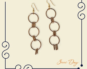 Triple Gold Tone Ring Long Drop Earrings with French Ear Wire Closure