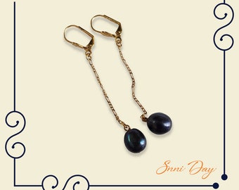 Large Black Fresh Water Pearls with Golden Hanging Chain & Gold Lever Back Earrings