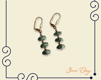 Three Round Green Spot Stone With Gold Tone Bead Leverback Earrings