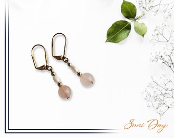 Pink Stone with Fresh Water Pearls and golden Lever back earrings