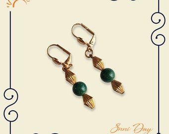 Green Stone & Gold Bead Earrings