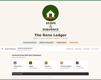 Home Renovation Planner Tool | Auto-Scheduling Timeline, Budget & Selections Dashboard | Interactive Digital Download