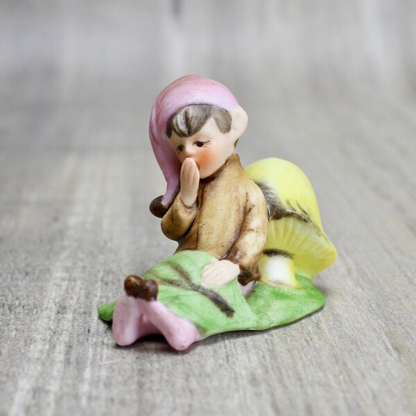 Vintage Josef Originals Pixie Figurine, Yawning Elf Pixie, Bisque Woodland Pixie Figurine, Fairycore, Fairy Gardens