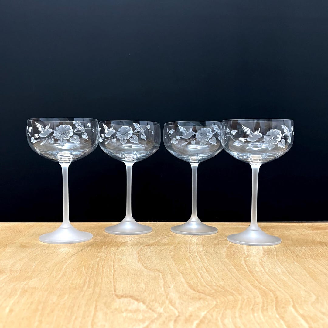 Vintage Avon Crystal Hummingbird Champagne Glasses, Etched Glass ...