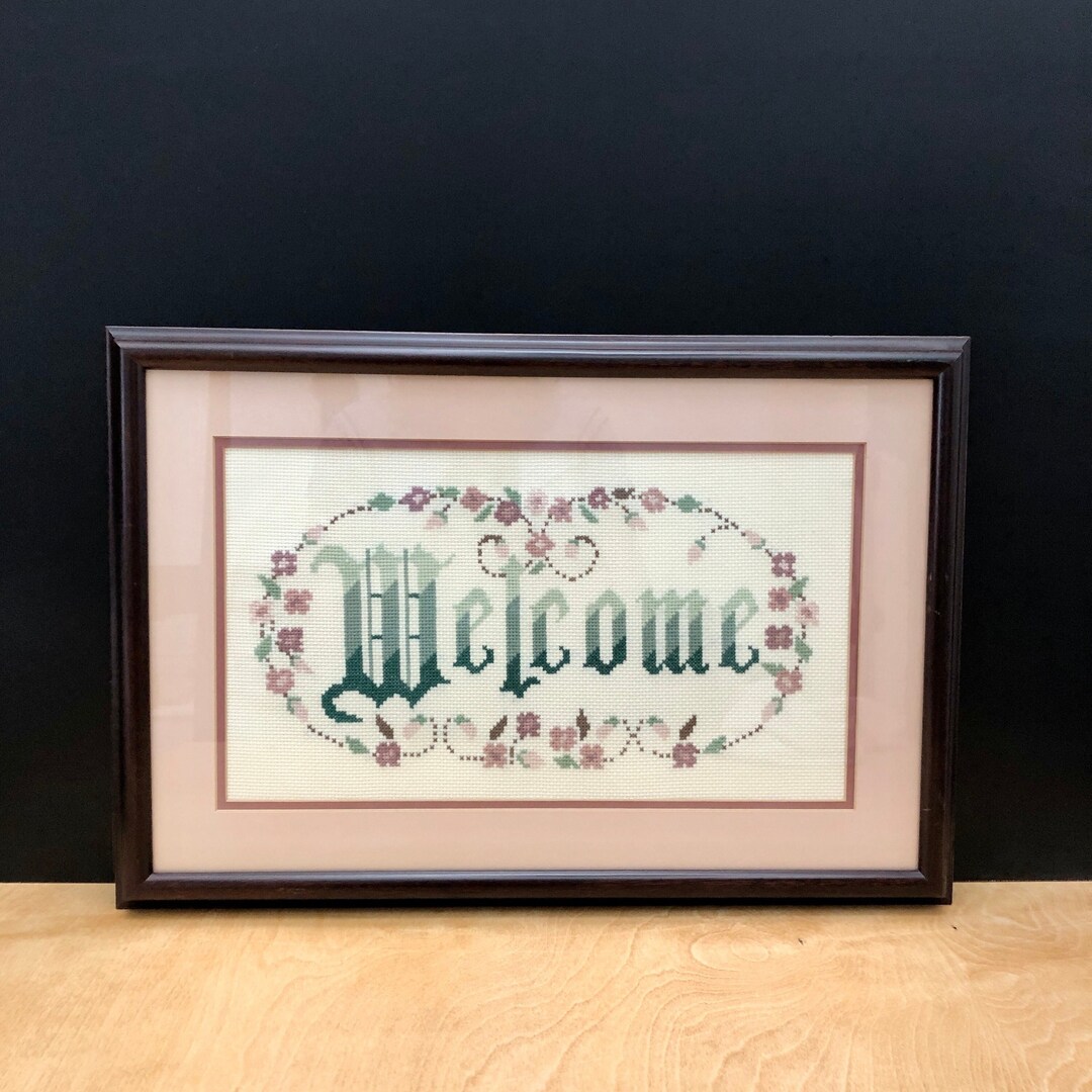 Vintage Needlepoint Wall Hanging, Welcome Sign, Large, Framed, Cross ...