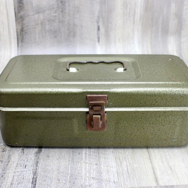 Vintage Small Metal Tool Box, Metal Box with Latch, Green Metal, Utility Tool Tackle Storage Box