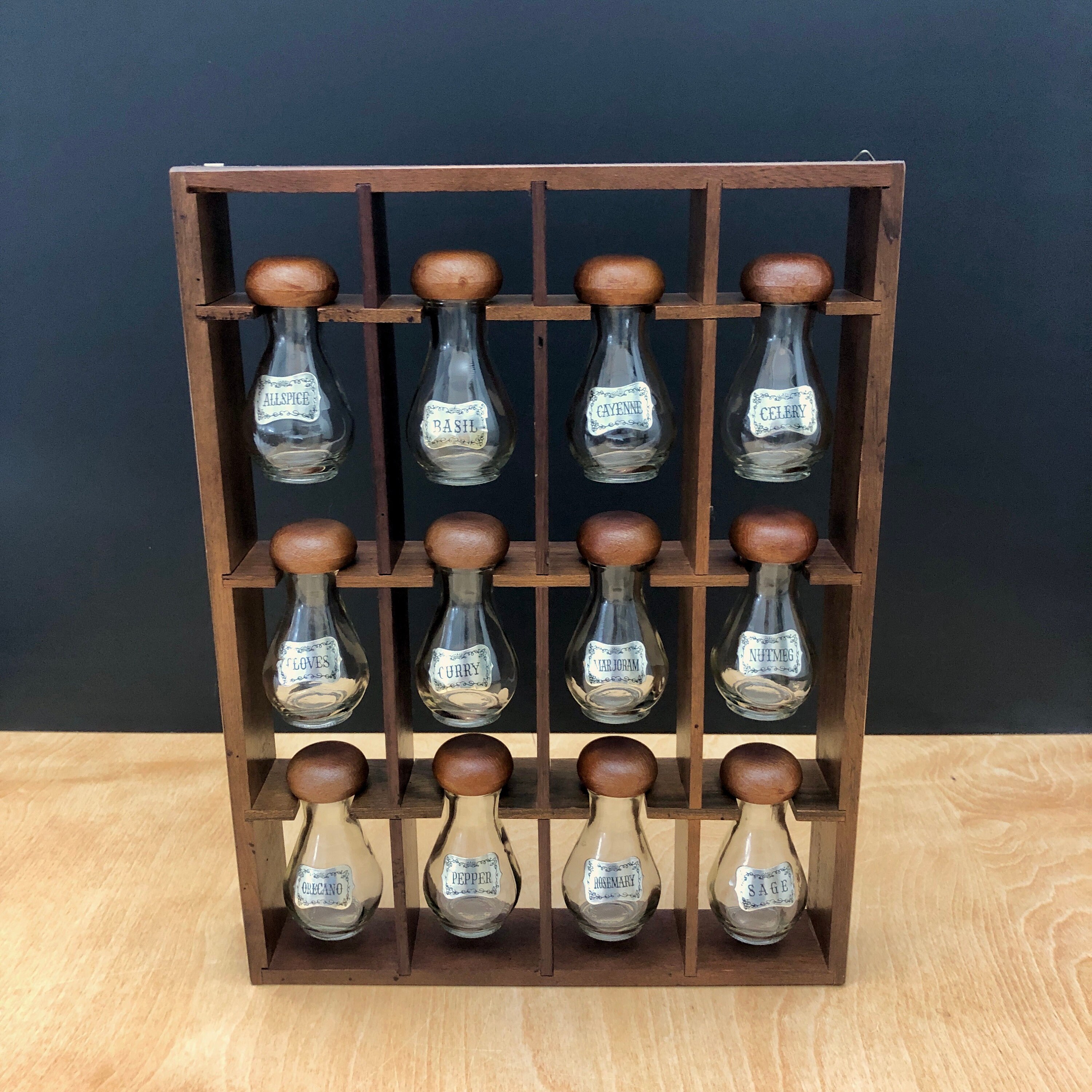 Vintage Mid Century Hanging Spice Rack 12 Mushroom Shaped Glass Bottles With Original Labels Wood Spice Rack Etsy