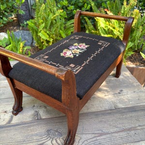 Antique Victorian Needlepoint Foot Stool, Floral Botanic Needlepoint Tapestry Cricket Stool, Edwardian,  CottageCore, English Cottage, Moody