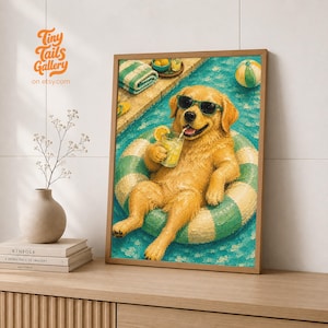 Può includere: Una stampa artistica incorniciata raffigurante un golden retriever con occhiali da sole scuri, che si rilassa su un salvagente a righe verdi e bianche mentre tiene in mano un bicchiere di limonata con una fetta di limone, una piscina e una palla.