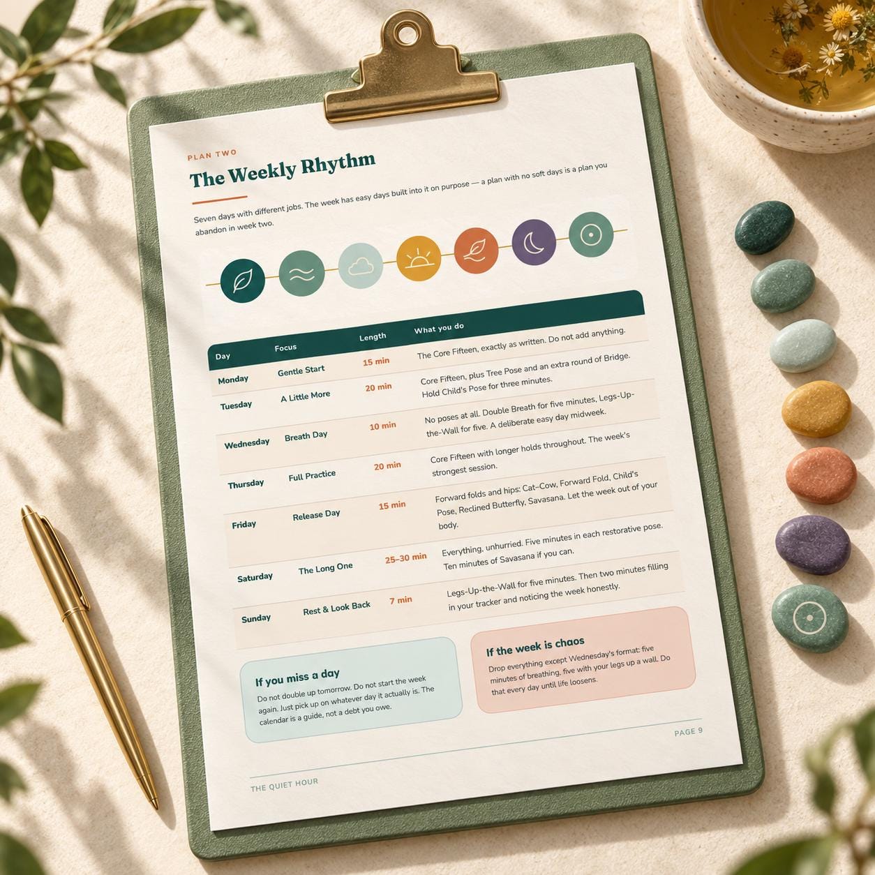 Four-week gentle yoga progression page and 30-day practice tracker