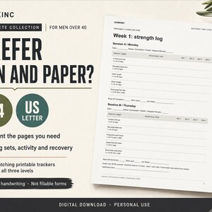 Prefer pen and paper graphic: matching printable trackers for all three levels in A4 and US Letter to print the pages you need and log sets, activity and recovery by hand, shown as a printed Week 1 strength log page.