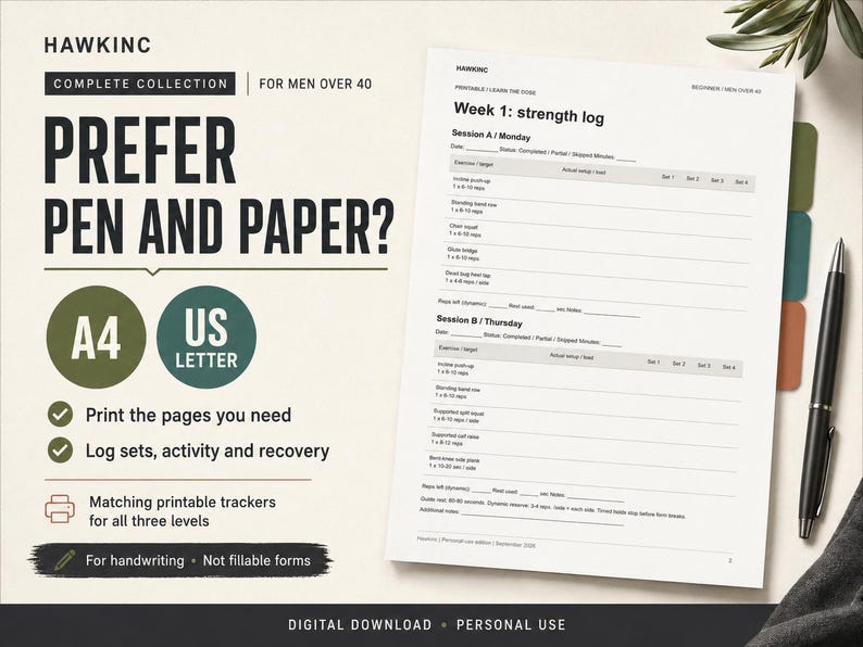 Prefer pen and paper graphic: matching printable trackers for all three levels in A4 and US Letter to print the pages you need and log sets, activity and recovery by hand, shown as a printed Week 1 strength log page.