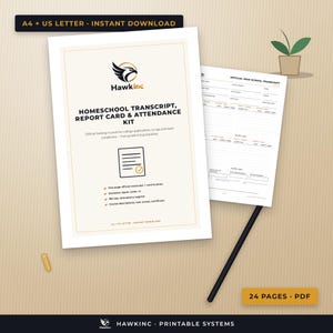 May include: A digital homeschool transcript, report card, and attendance kit by Hawkinc. The document features a hawk logo, the text 'HOMESCHOOL TRANSCRIPT, REPORT CARD & ATTENDANCE KIT', and a list of included forms. A second page shows an official high school transcript template.