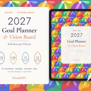 May include: A 2027 Goal Planner & Vision Board digital planner with a kaleidoscope pattern cover. The text reads 2027 Goal Planner & Vision Board, Kaleidoscope Edition, 105 pages, 2.8k links, 10 goal action plans, 53 weekly focus pages, and HawkINC.