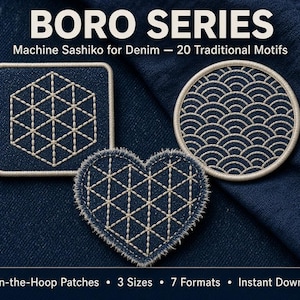 Könnte beinhalten: Drei bestickte Aufnäher mit geometrischen und Wellenmustern in cremefarbenem Garn auf dunkelblauem Jeansstoff. Der Text lautet BORO SERIES, Machine Sashiko for Denim — 20 Traditional Motifs, 180 In-the-Hoop Patches, 3 Sizes, 7 Formats, Instant Download.