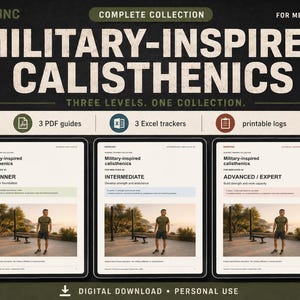Cover image for the Military Calisthenics Complete Collection digital workout planner for men over 40, showing three PDF guide covers labeled Beginner, Intermediate, and Advanced, with icons for 3 PDF guides, 3 Excel trackers, and printable logs.