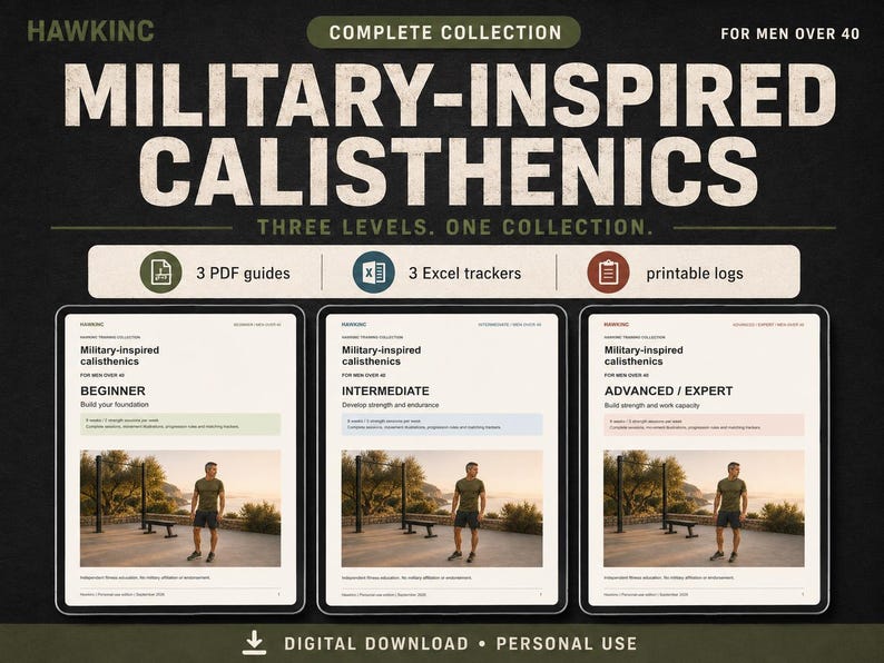 Cover image for the Military Calisthenics Complete Collection digital workout planner for men over 40, showing three PDF guide covers labeled Beginner, Intermediate, and Advanced, with icons for 3 PDF guides, 3 Excel trackers, and printable logs.