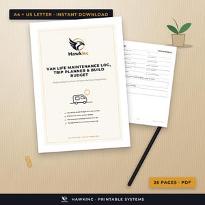 May include: A digital van life maintenance log, trip planner, and build budget document set. The cover page features the HawkInc logo, a van icon, and text detailing conversion build budget, electrical, water, maintenance, and trip planning sheets.