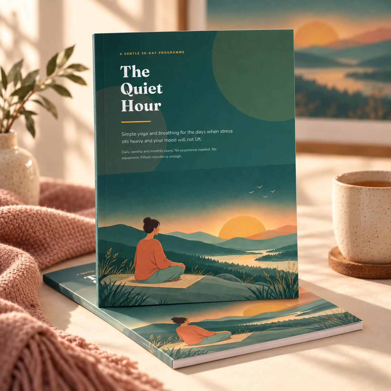 The Quiet Hour 30 day gentle yoga plan PDF cover with a woman meditating at sunset
