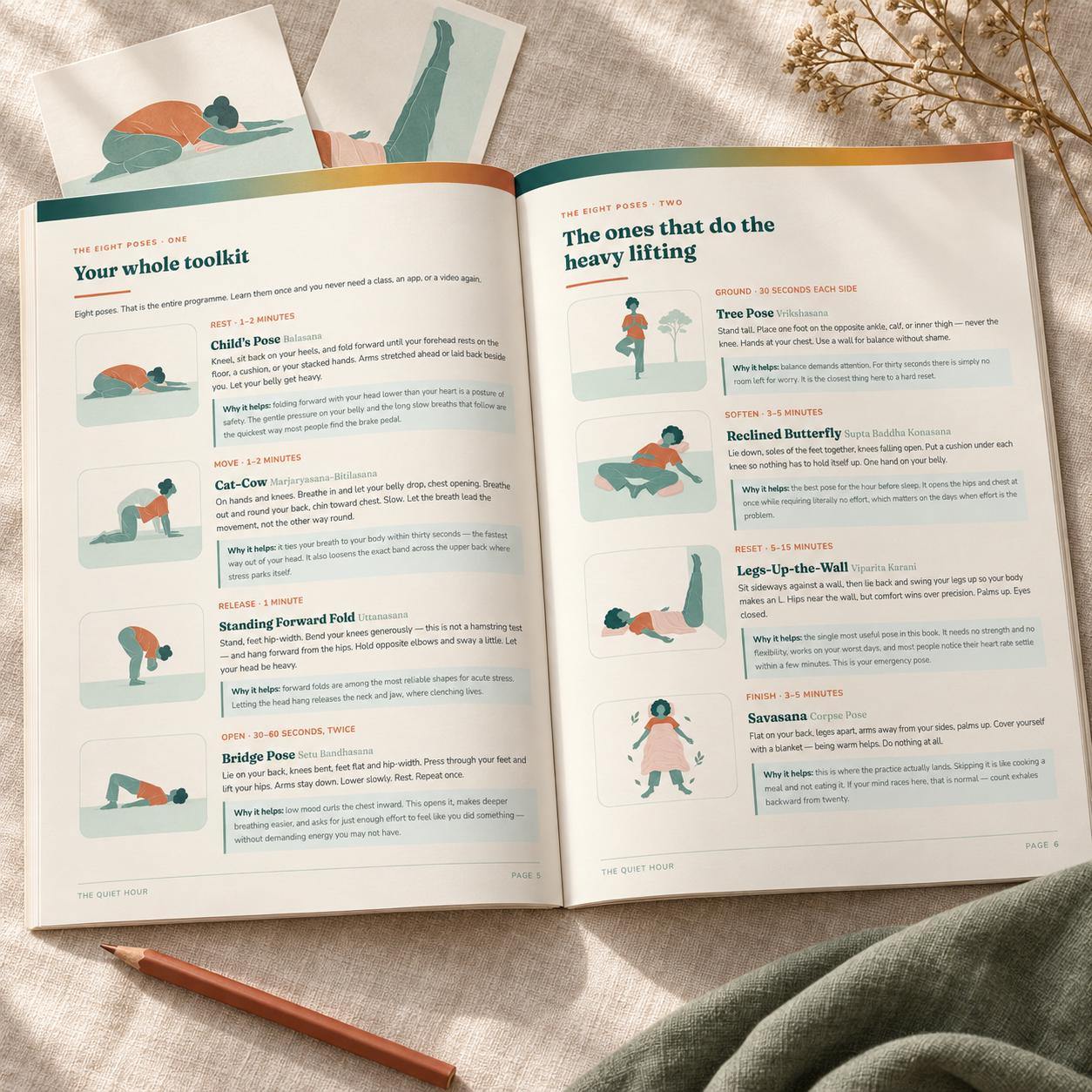 Gentle yoga for anxiety plan pages shown on a tablet