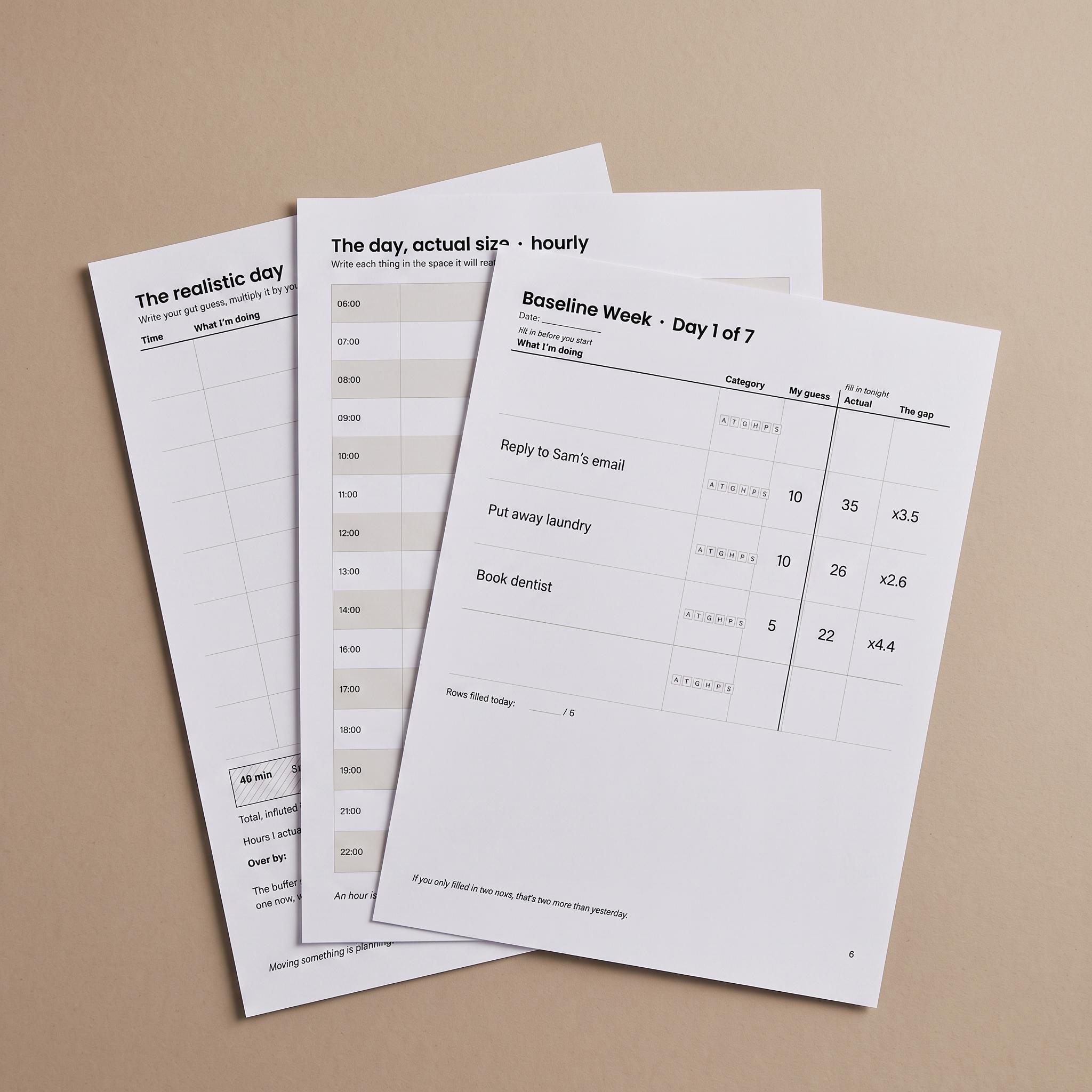 Pages from the HawkInc ADHD time blindness planner: Realistic Day, actual-size hourly page and Baseline Week tracker