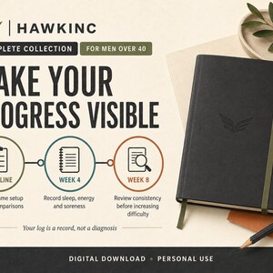 Make your progress visible graphic: track a baseline using the same setup for fair comparisons, record sleep, energy and soreness at week 4, and review consistency before increasing difficulty at week 8. Shown with a journal. Your log is a record, not a diagnosis.
