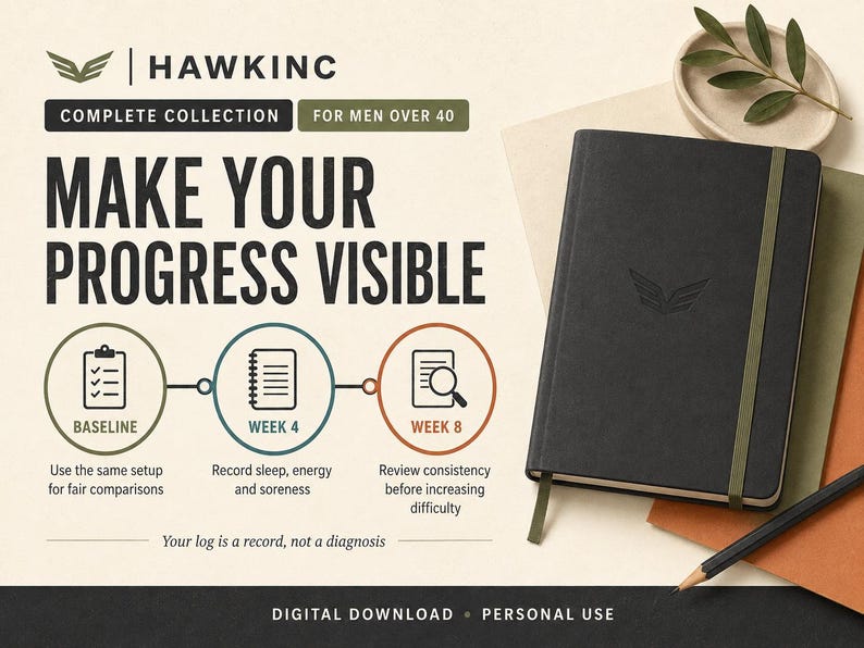 Make your progress visible graphic: track a baseline using the same setup for fair comparisons, record sleep, energy and soreness at week 4, and review consistency before increasing difficulty at week 8. Shown with a journal. Your log is a record, not a diagnosis.