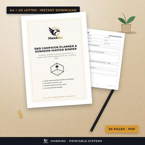 May include: A D&D campaign planner and dungeon master binder printable PDF set. The cover page features the Hawkinc logo, a 20-sided die icon, and text detailing session prep sheets, NPC cards, and encounter builders. Includes a campaign overview page.