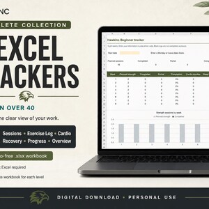 3 Excel trackers graphic: a macro-free .xlsx workbook for each level with six tabs - Sessions, Exercise Log, Cardio, Recovery, Progress and Overview - shown on a laptop displaying the Beginner tracker spreadsheet. Microsoft Excel required.