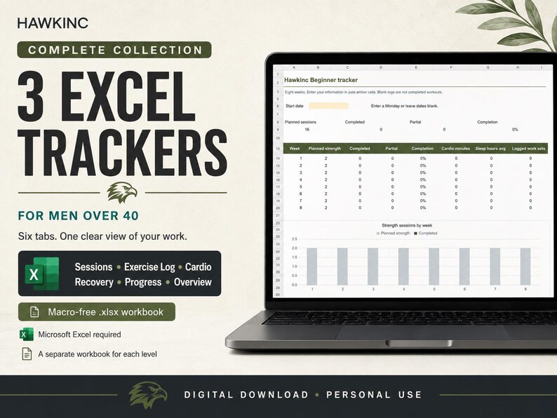 3 Excel trackers graphic: a macro-free .xlsx workbook for each level with six tabs - Sessions, Exercise Log, Cardio, Recovery, Progress and Overview - shown on a laptop displaying the Beginner tracker spreadsheet. Microsoft Excel required.