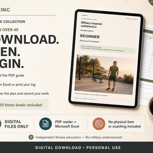 How it works graphic - Download, Open, Begin: read the PDF guide, open Excel or print your log, then follow the plan and record your work. All three levels included, digital files only, PDF reader and Microsoft Excel required, no physical item or coaching. Shown on a tablet displaying the Beginner guide.
