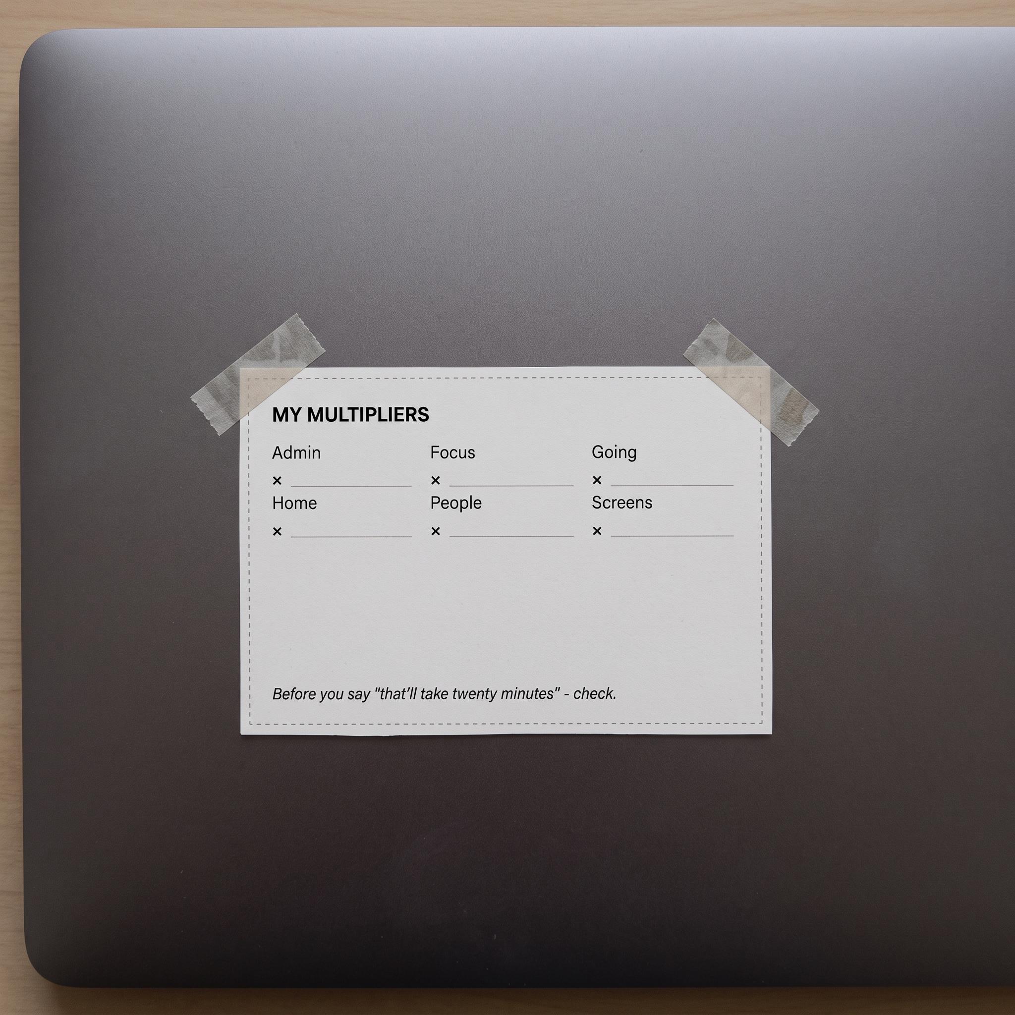 My Multipliers reference card taped to a laptop lid with lines for admin, focus, going, home, people and screens