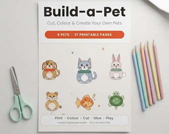 Bastelvorlage zum Ausschneiden und Aufkleben für Kinder, ausdruckbare Tiermotive aus Papier, 6 Haustiere mit Ausmalbildern, fördert die Feinmotorik im Vorschulalter, sofortiger Download