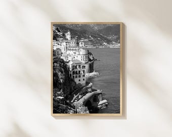 Amalfi Coast Wall Art, Black and White Italy Photography, Mediterranean Coastal Print, Italian Seaside Decor, Amalfi Travel Poster