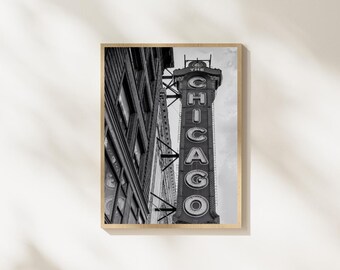 Chicago Wall Art, Black and White City Photography, Vintage Chicago Sign Print, Urban Architecture Poster, Retro City Decor