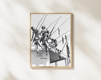 Vintage Fishing Girls Wall Art, Black and White Coastal Photography, Retro Summer Print, Nautical Beach Decor, Girls Trip Poster