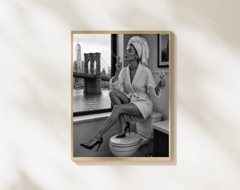 New York Glamour Wall Art, Black and White Fashion Photography, Brooklyn Bridge Bathroom Print, Luxury Digital Download